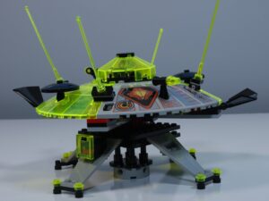 A lower front view of the LEGO Cyber Saucer (set 6900), highlighting the underside of the saucer.