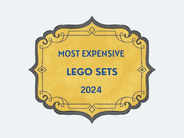 A flat-lay with decoratvie gold and charcoal elements, with royal blue text that reads "Most Expensive LEGO Sets 2024".