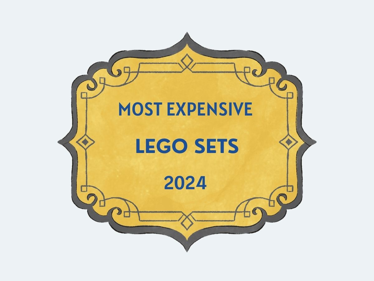 A flat-lay with decoratvie gold and charcoal elements, with royal blue text that reads "Most Expensive LEGO Sets 2024".